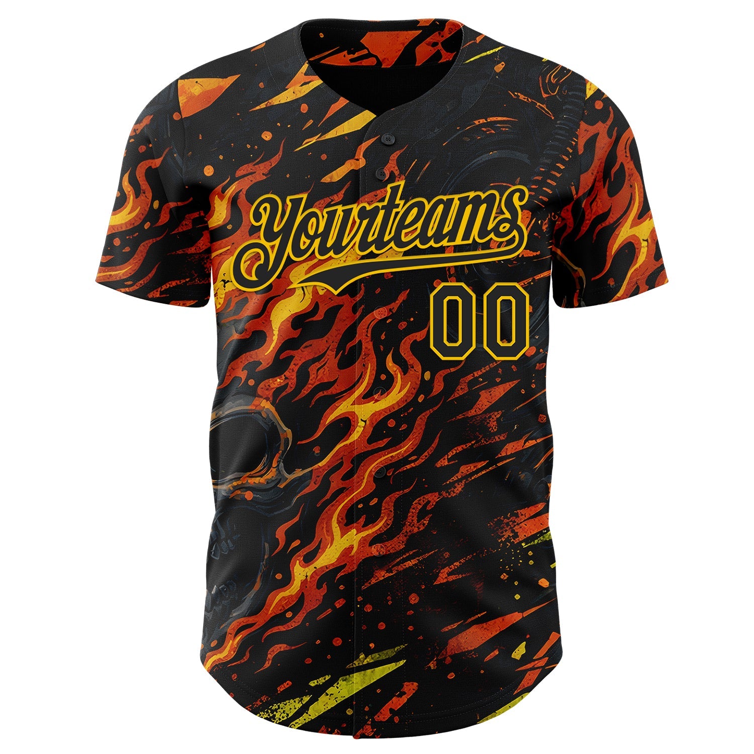 Custom Black Red-Yellow 3D Pattern Design Motorcycle Motocross Skull Flame Authentic Baseball Jersey view 2