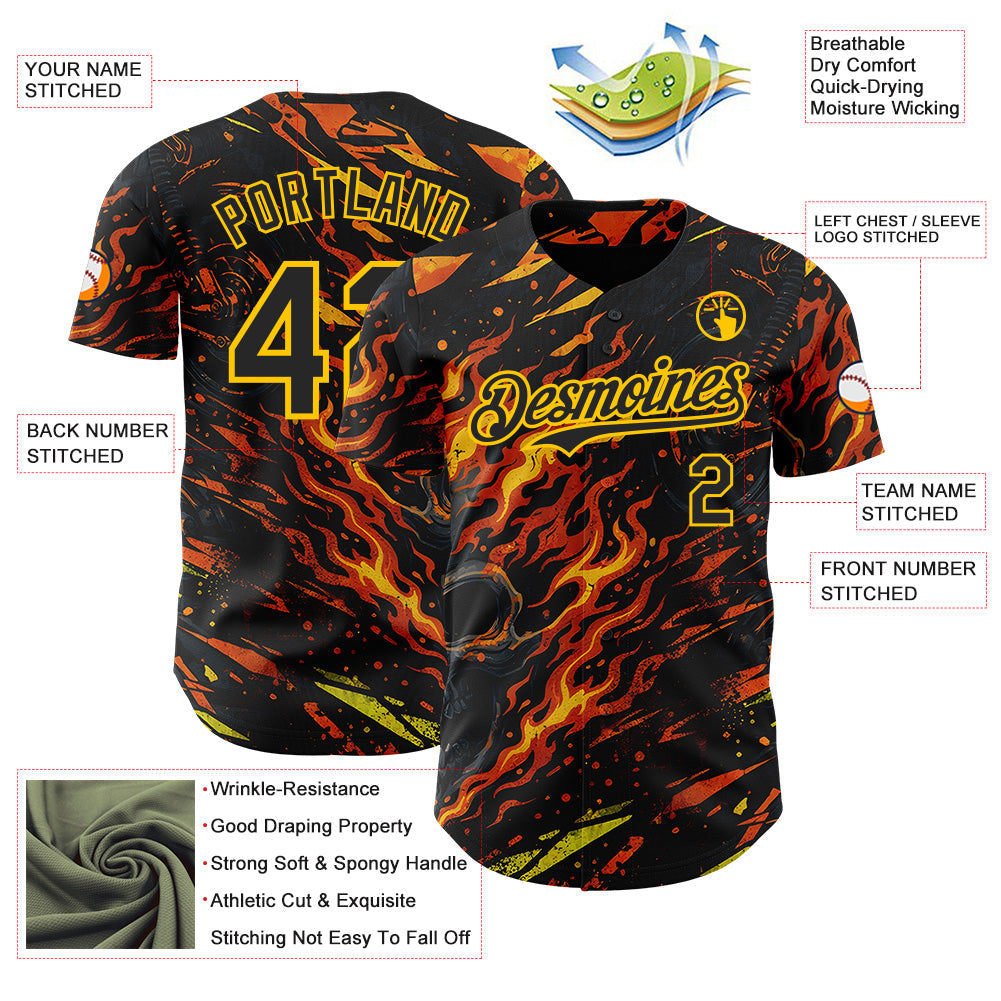 Custom Black Red-Yellow 3D Pattern Design Motorcycle Motocross Skull Flame Authentic Baseball Jersey view 3