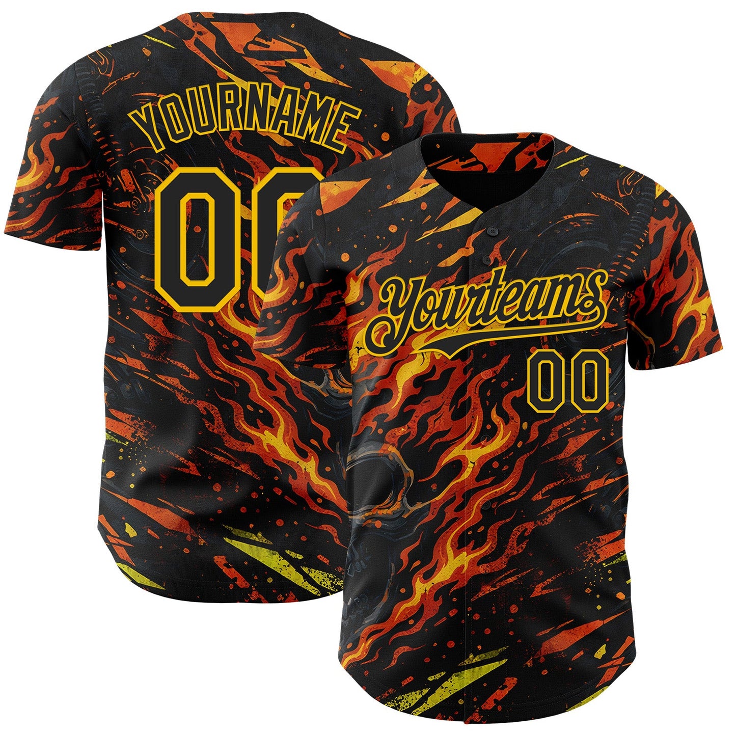 Custom Black Red-Yellow 3D Pattern Design Motorcycle Motocross Skull Flame Authentic Baseball Jersey - Main View