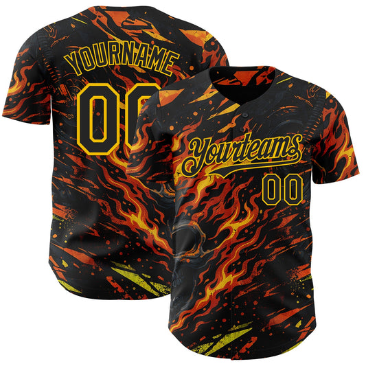 Custom Black Red-Yellow 3D Pattern Design Motorcycle Motocross Skull Flame Authentic Baseball Jersey - Main View