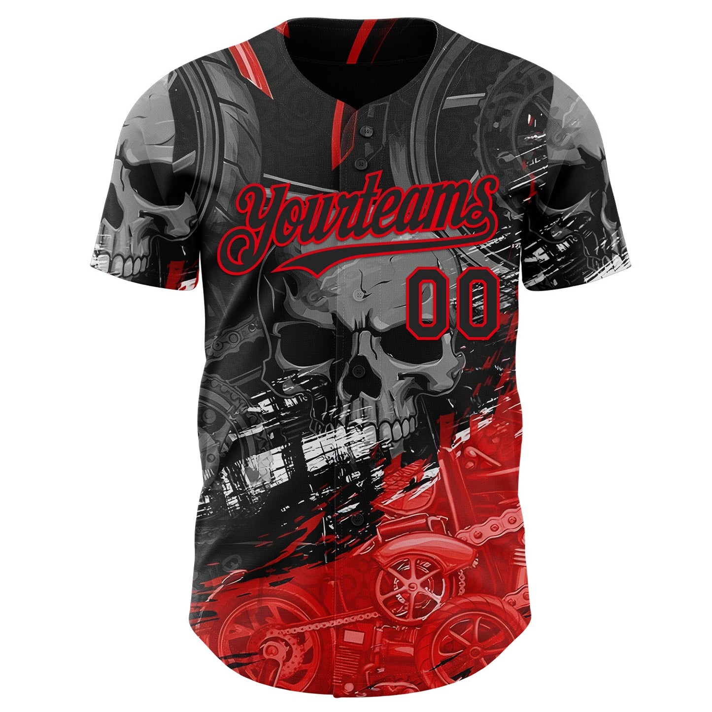 Custom Black-Fire Red 3D Pattern Design Motorcycle Motocross Skull Authentic Baseball Jersey view 2