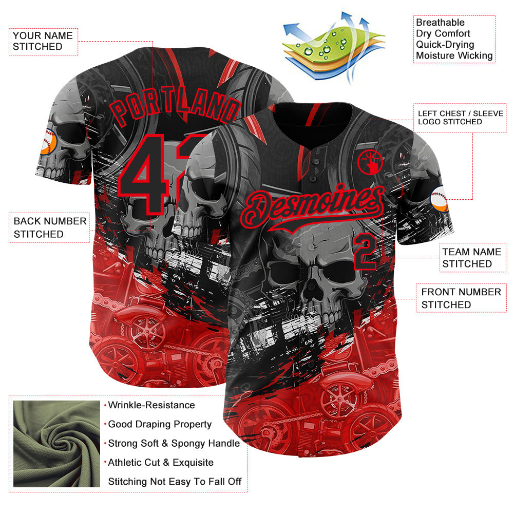 Custom Black-Fire Red 3D Pattern Design Motorcycle Motocross Skull Authentic Baseball Jersey view 3