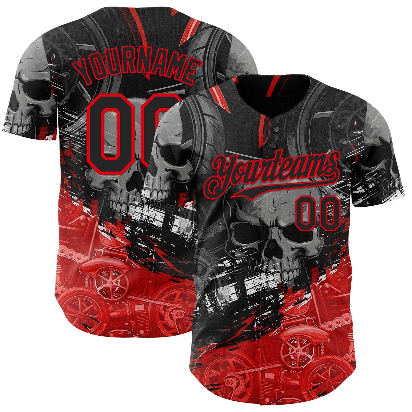 Custom Black-Fire Red 3D Pattern Design Motorcycle Motocross Skull Authentic Baseball Jersey - Main View