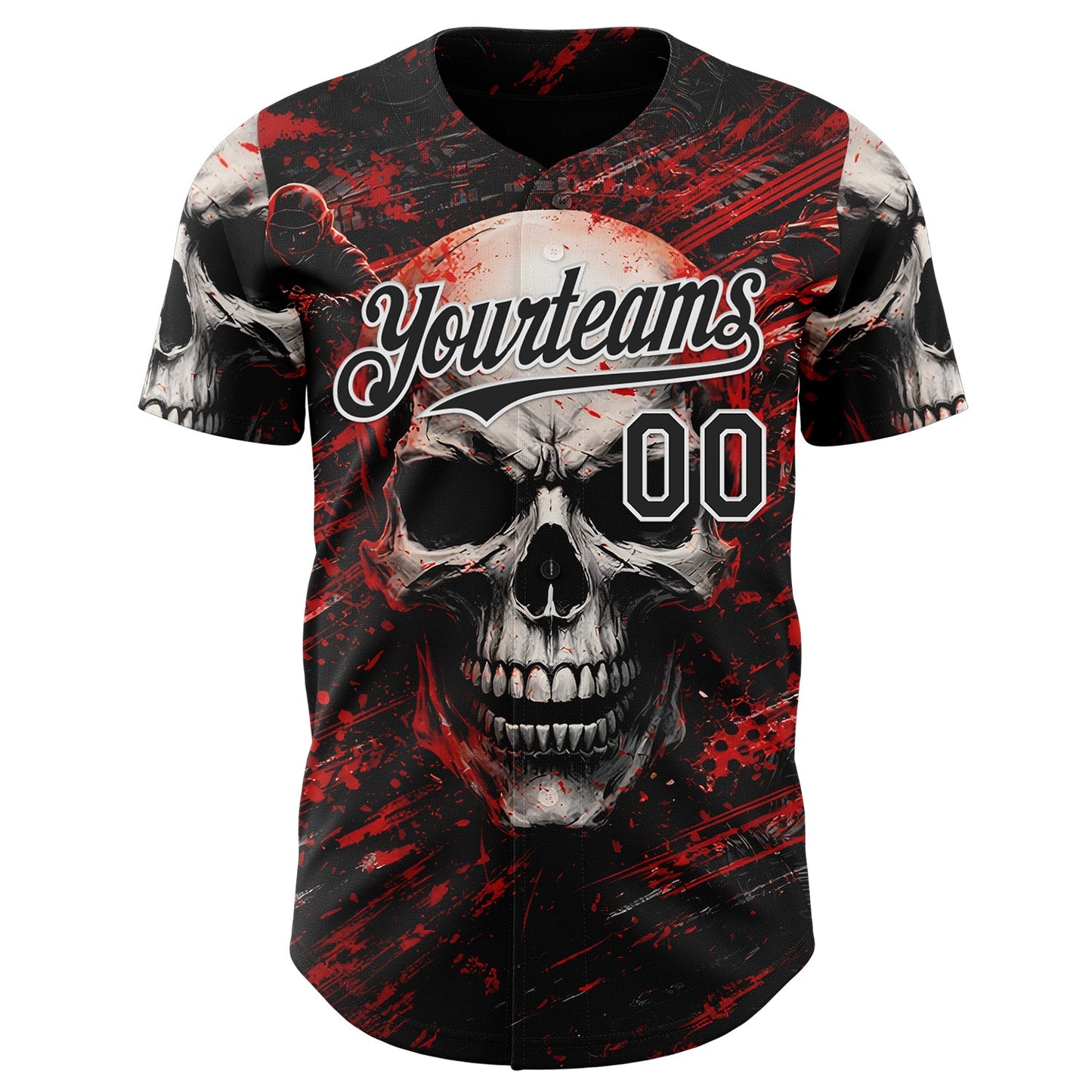 Custom Black Red-White 3D Pattern Design Motorcycle Motocross Skull Authentic Baseball Jersey view 2