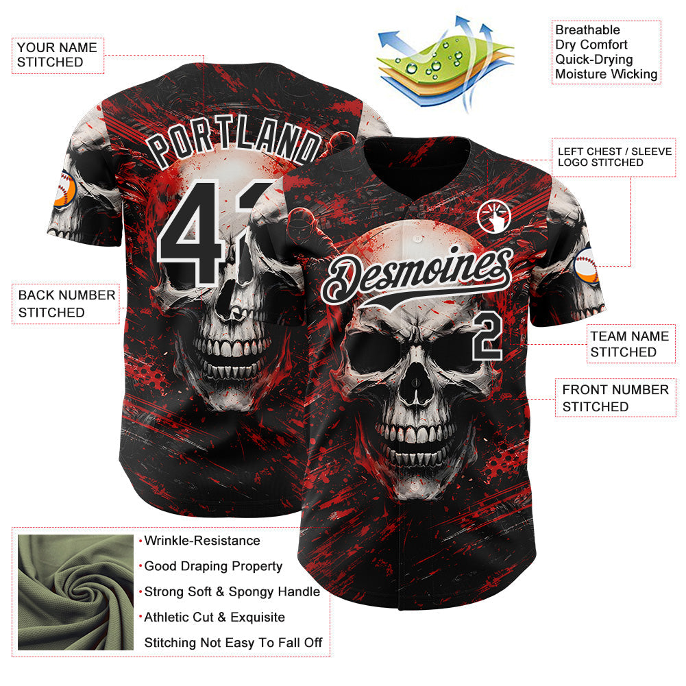 Custom Black Red-White 3D Pattern Design Motorcycle Motocross Skull Authentic Baseball Jersey view 3