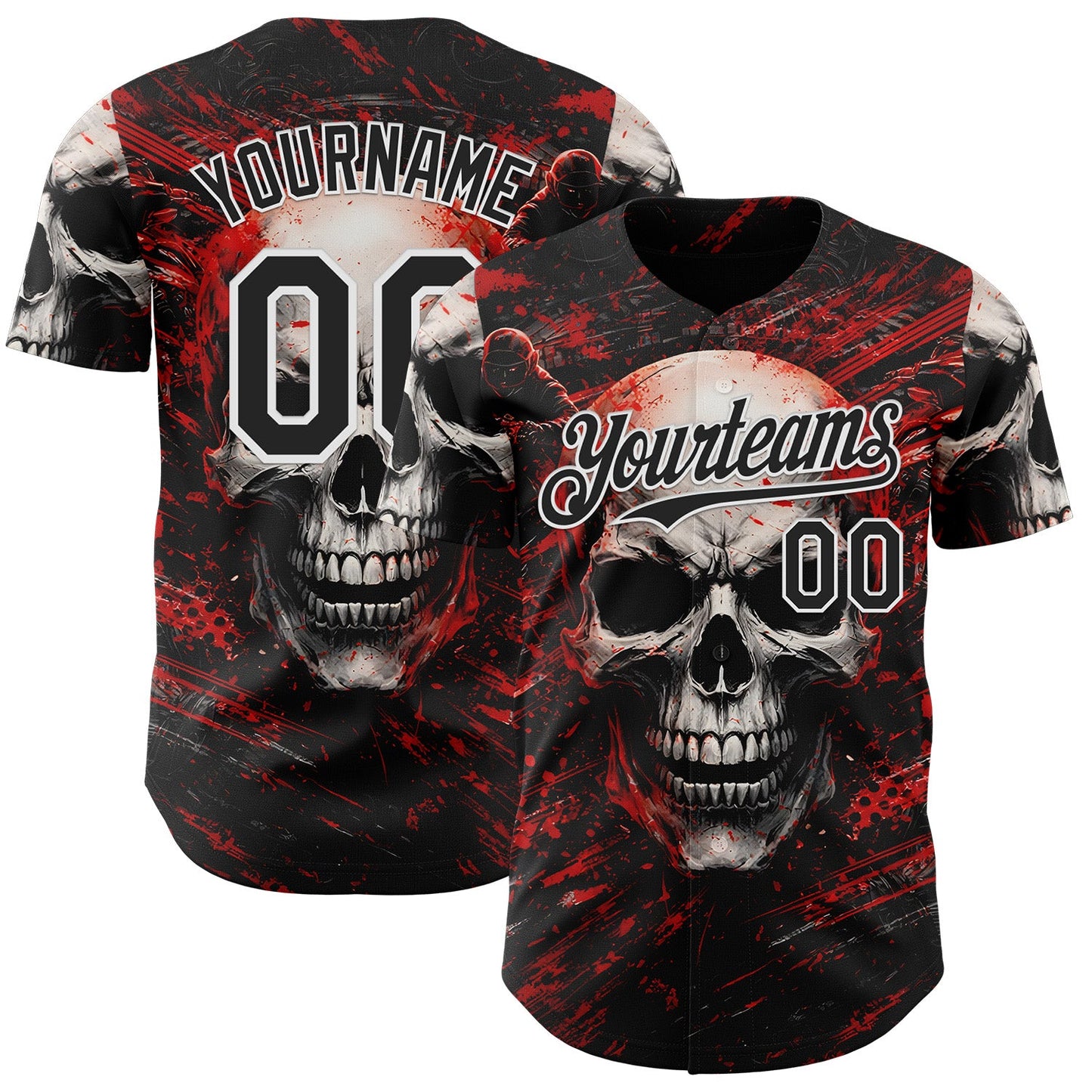Custom Black Red-White 3D Pattern Design Motorcycle Motocross Skull Authentic Baseball Jersey - Main View