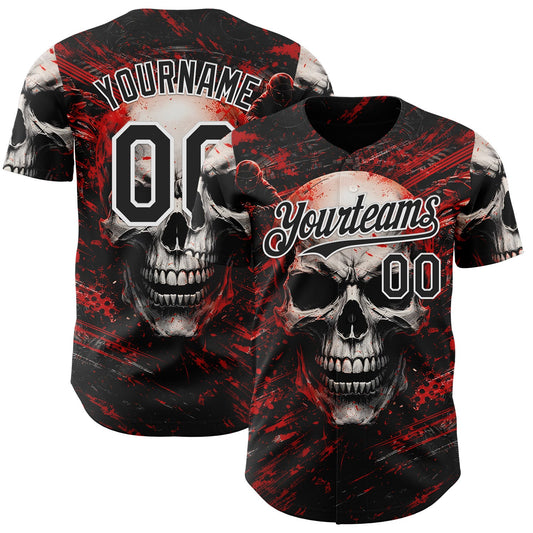 Custom Black Red-White 3D Pattern Design Motorcycle Motocross Skull Authentic Baseball Jersey - Main View