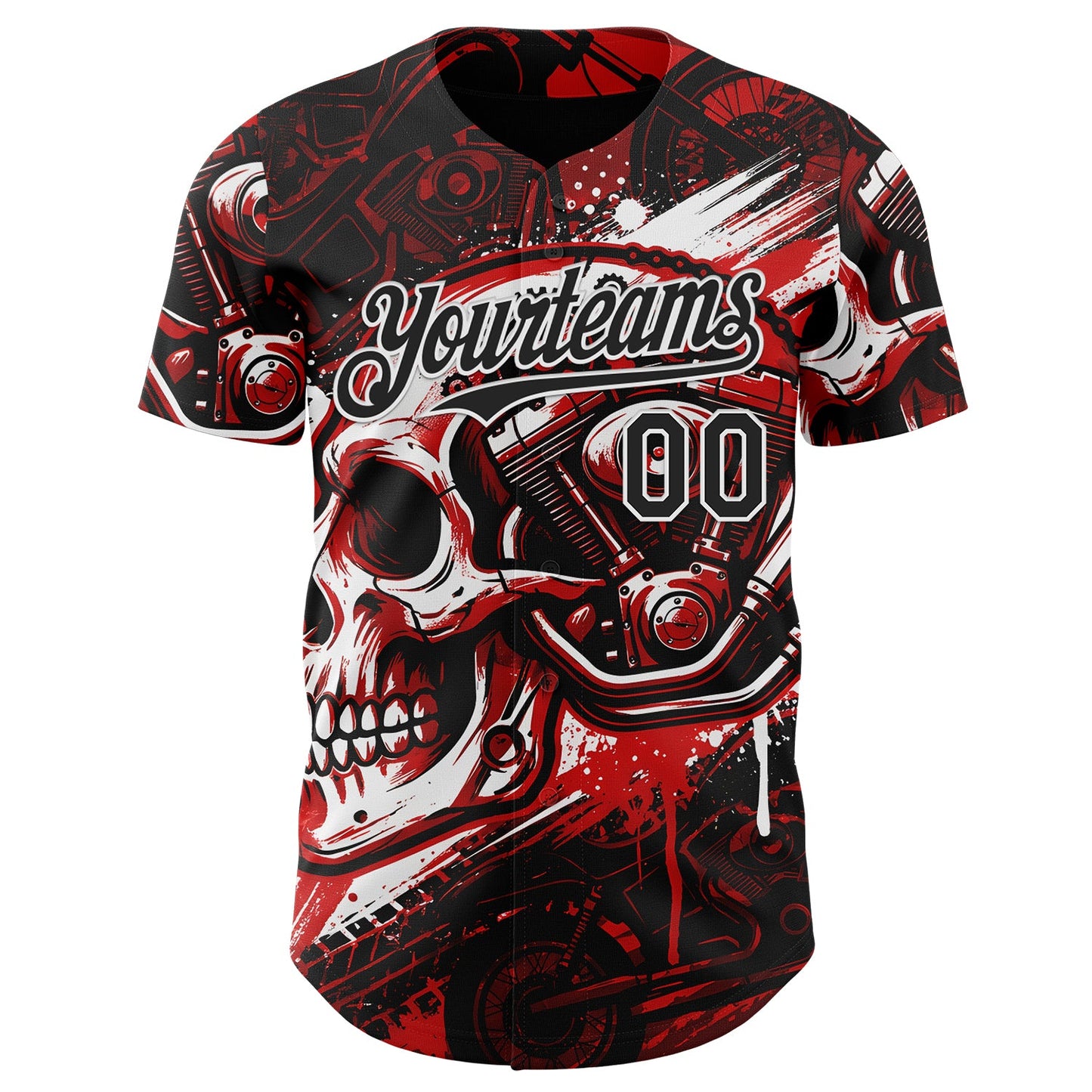 Custom Black Red-White 3D Pattern Design Motorcycle Motocross Skull Authentic Baseball Jersey view 2