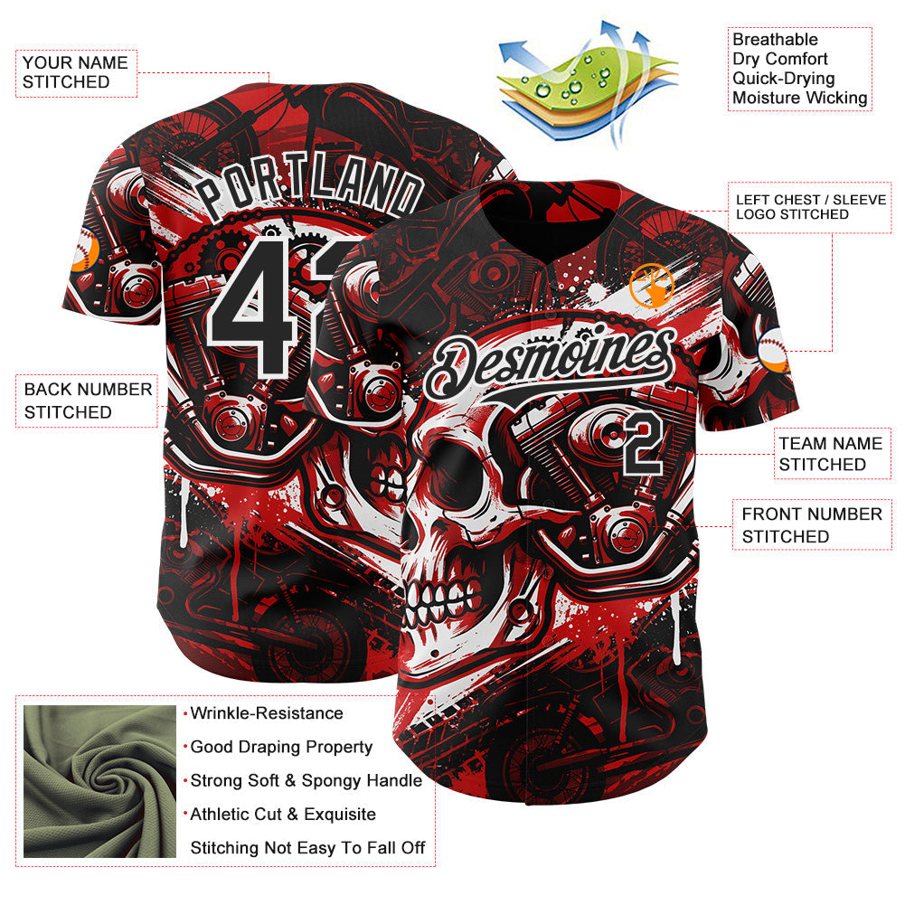 Custom Black Red-White 3D Pattern Design Motorcycle Motocross Skull Authentic Baseball Jersey view 3