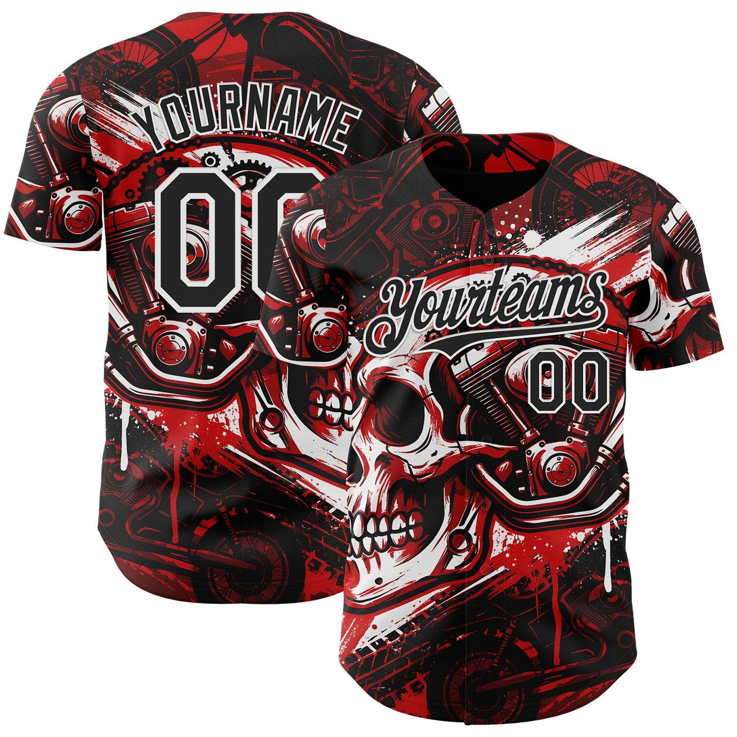 Custom Black Red-White 3D Pattern Design Motorcycle Motocross Skull Authentic Baseball Jersey - Main View