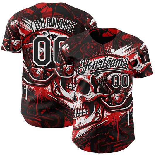Custom Black Red-White 3D Pattern Design Motorcycle Motocross Skull Authentic Baseball Jersey - Main View