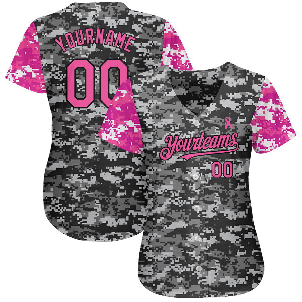 Custom Camo Pink-Black 3D Pink Ribbon Breast Cancer Awareness Month Women Health Care Support Authentic Baseball Jersey view 2