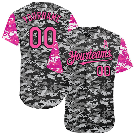 Custom Camo Pink-Black 3D Pink Ribbon Breast Cancer Awareness Month Women Health Care Support Authentic Baseball Jersey - Main View