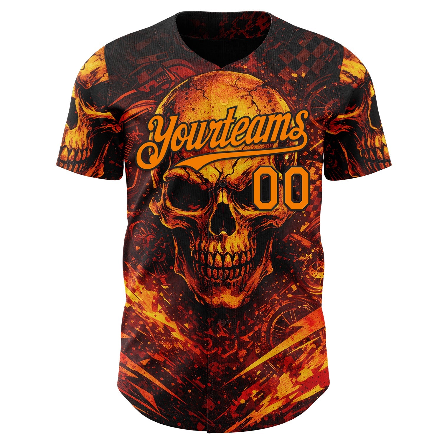 Custom Black-Bay Orange 3D Pattern Design Motorcycle Motocross Skull Flame Authentic Baseball Jersey view 2