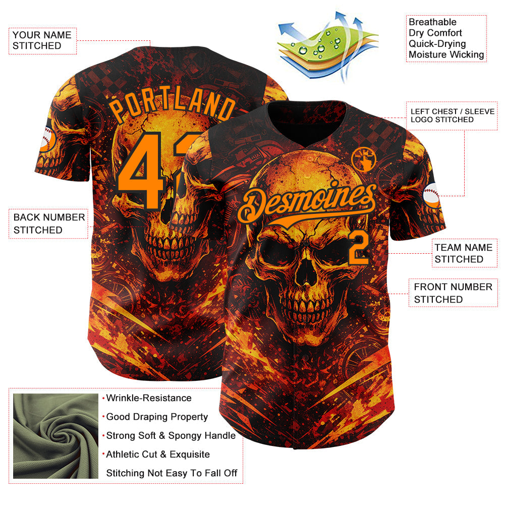 Custom Black-Bay Orange 3D Pattern Design Motorcycle Motocross Skull Flame Authentic Baseball Jersey view 3