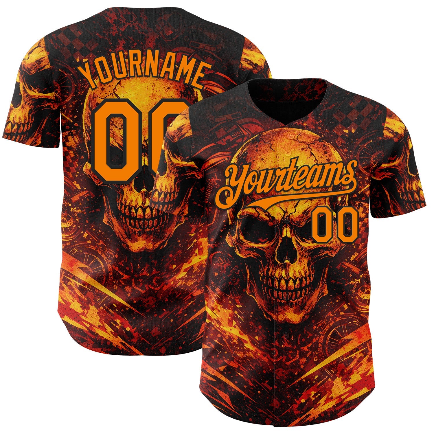 Custom Black-Bay Orange 3D Pattern Design Motorcycle Motocross Skull Flame Authentic Baseball Jersey - Main View