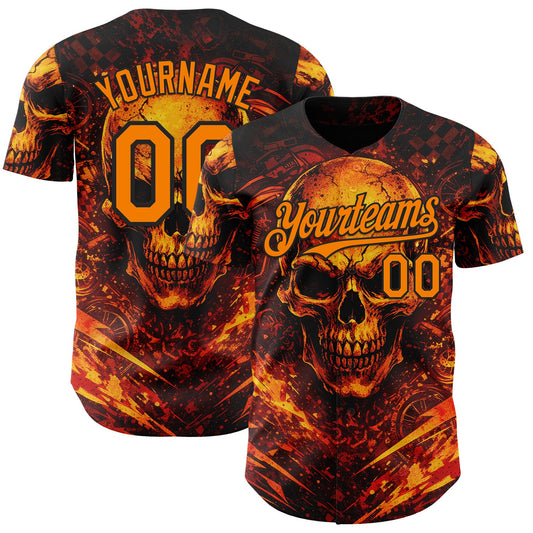 Custom Black-Bay Orange 3D Pattern Design Motorcycle Motocross Skull Flame Authentic Baseball Jersey - Main View