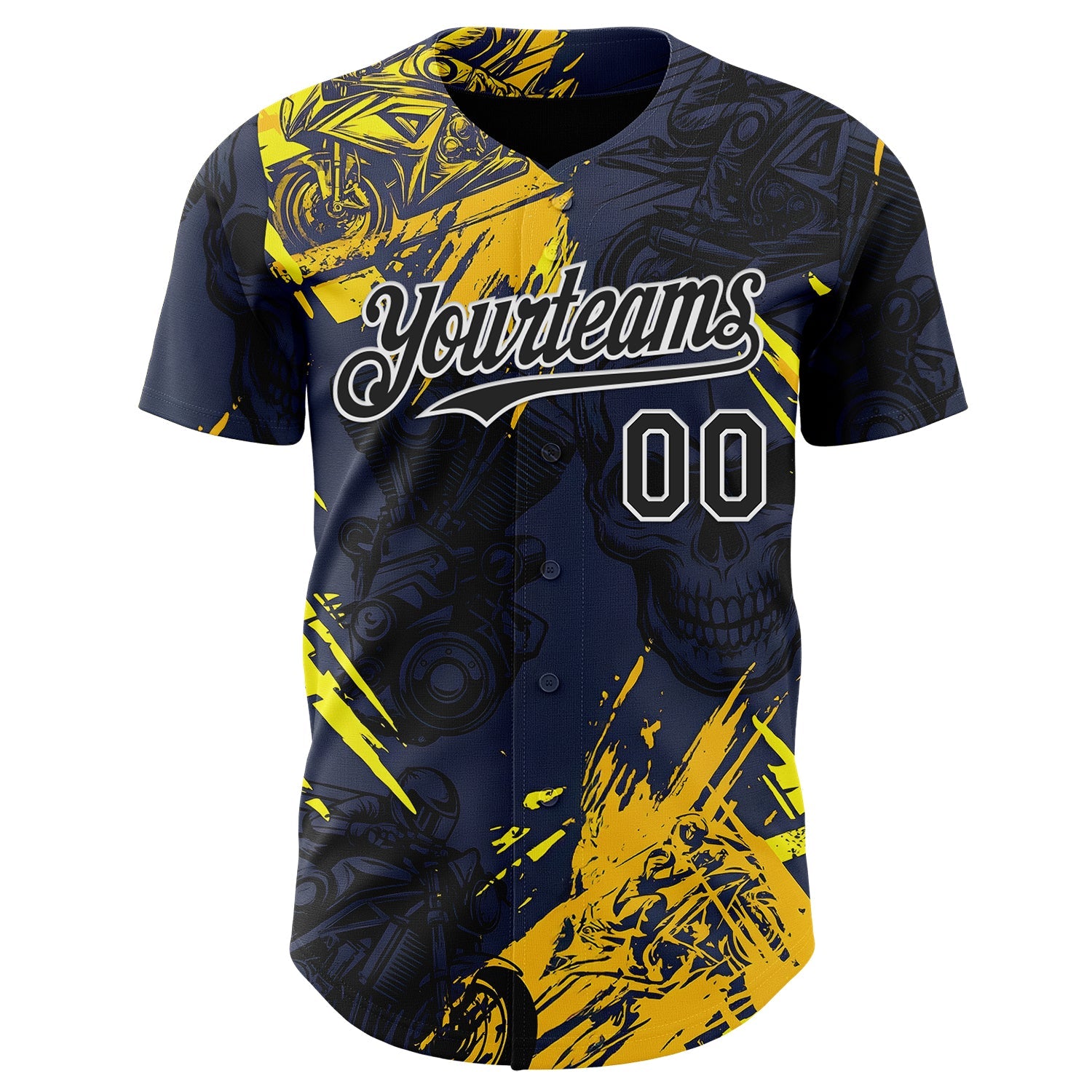 Custom Navy Black Yellow-White 3D Pattern Design Motorcycle Motocross Skull Authentic Baseball Jersey view 2