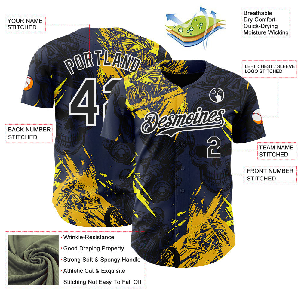 Custom Navy Black Yellow-White 3D Pattern Design Motorcycle Motocross Skull Authentic Baseball Jersey view 3