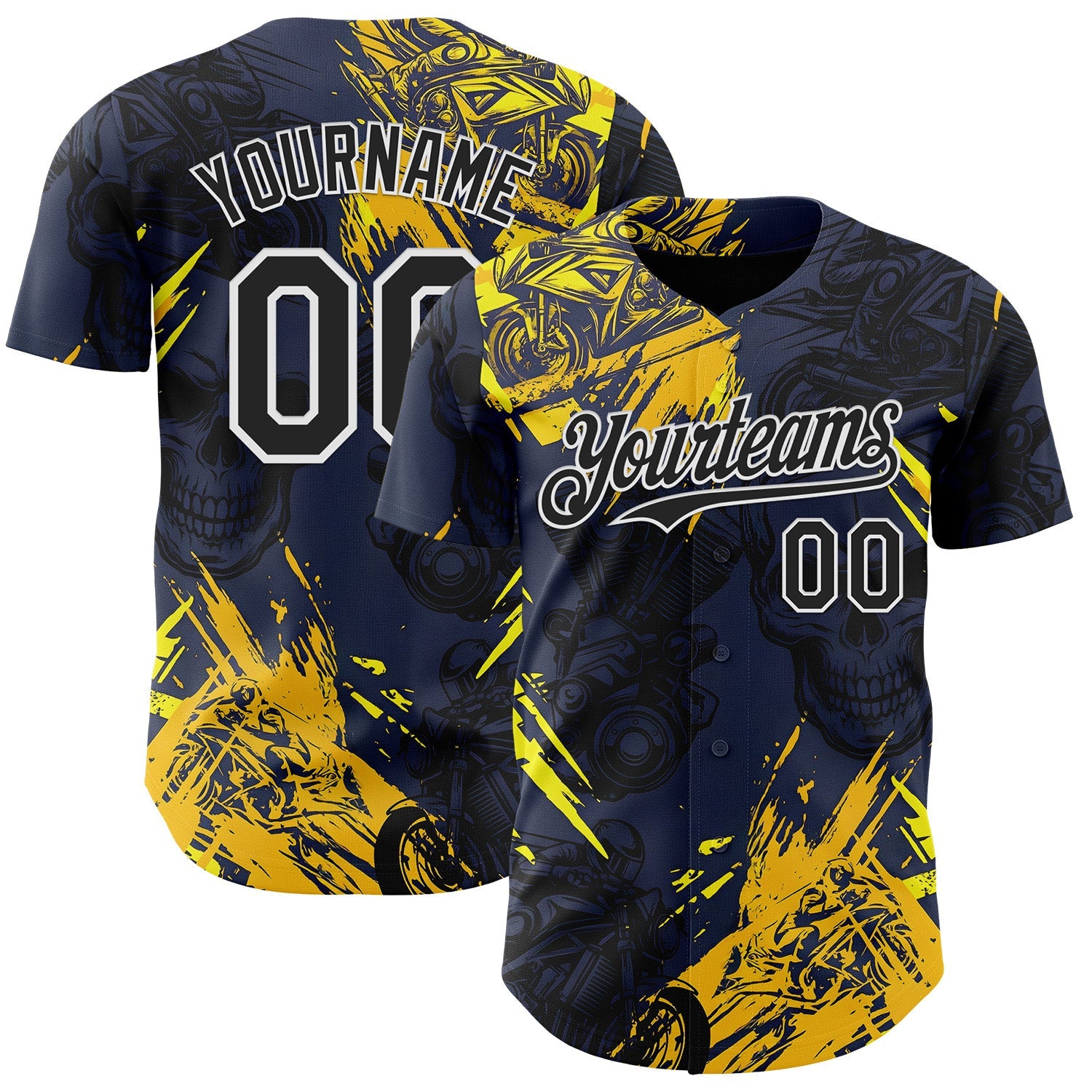 Custom Navy Black Yellow-White 3D Pattern Design Motorcycle Motocross Skull Authentic Baseball Jersey - Main View