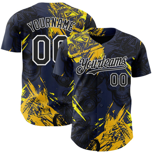 Custom Navy Black Yellow-White 3D Pattern Design Motorcycle Motocross Skull Authentic Baseball Jersey - Main View