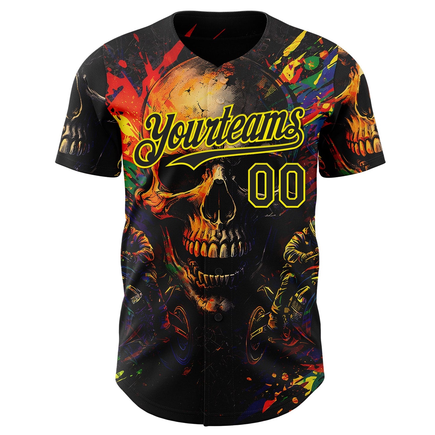 Custom Black-Light Yellow 3D Pattern Design Motorcycle Motocross Skull Authentic Baseball Jersey view 2