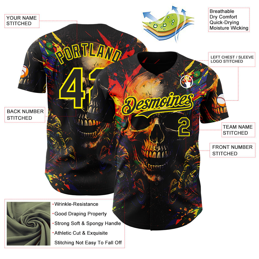 Custom Black-Light Yellow 3D Pattern Design Motorcycle Motocross Skull Authentic Baseball Jersey view 3