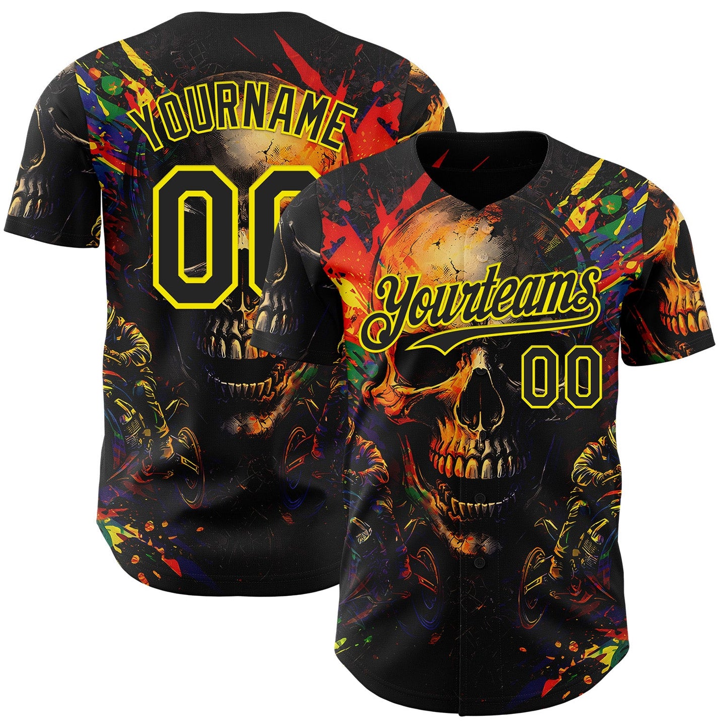Custom Black-Light Yellow 3D Pattern Design Motorcycle Motocross Skull Authentic Baseball Jersey - Main View