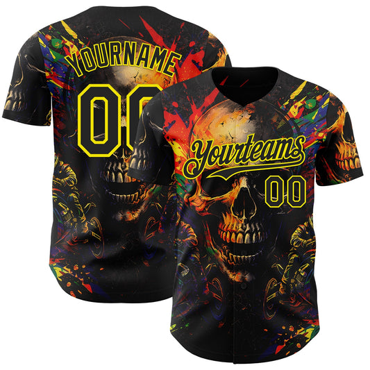 Custom Black-Light Yellow 3D Pattern Design Motorcycle Motocross Skull Authentic Baseball Jersey - Main View