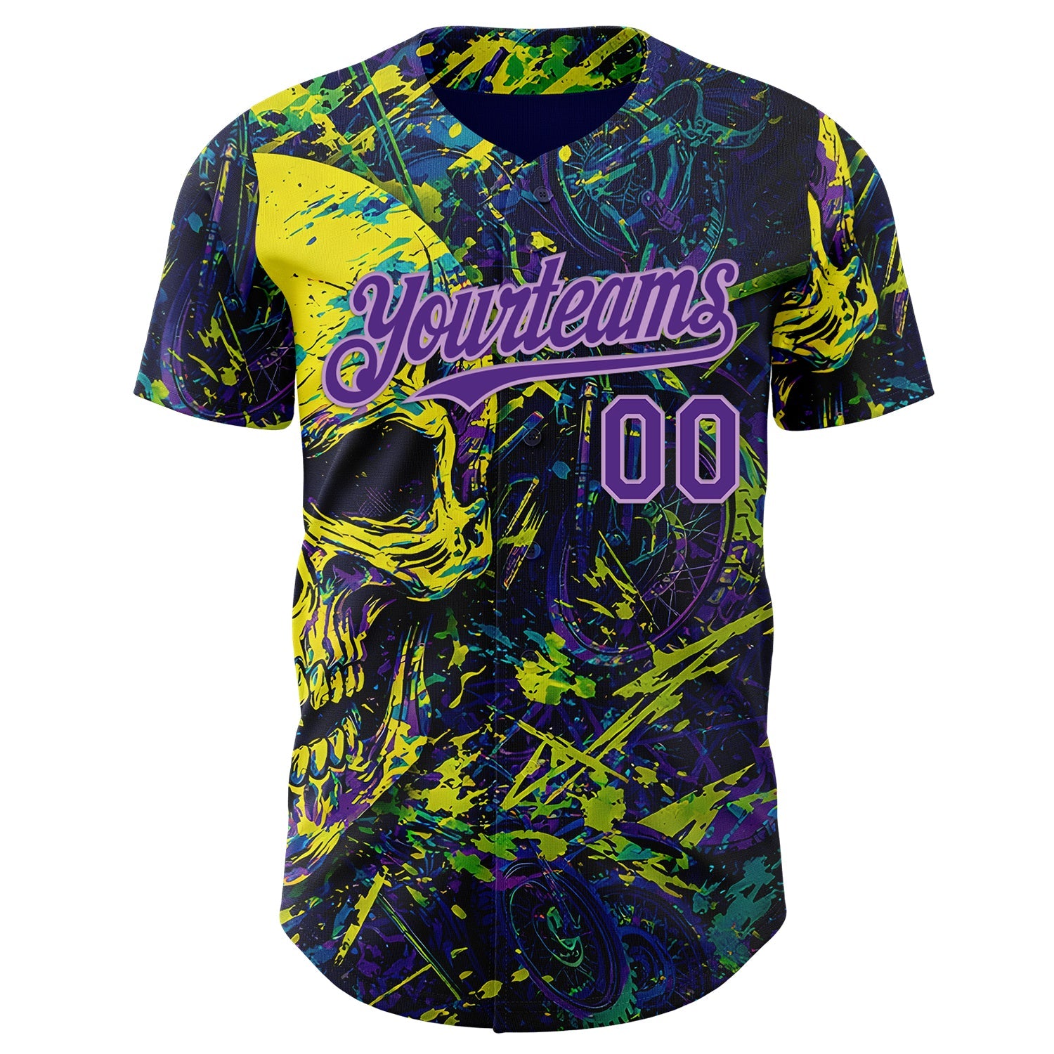 Custom Blue Purple Yellow-Light Purple 3D Pattern Design Motorcycle Motocross Skull Authentic Baseball Jersey view 2