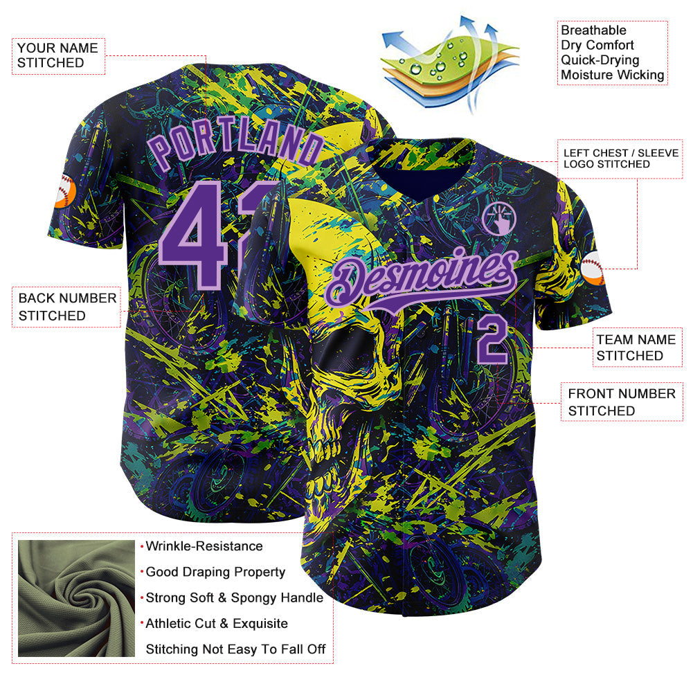 Custom Blue Purple Yellow-Light Purple 3D Pattern Design Motorcycle Motocross Skull Authentic Baseball Jersey view 3
