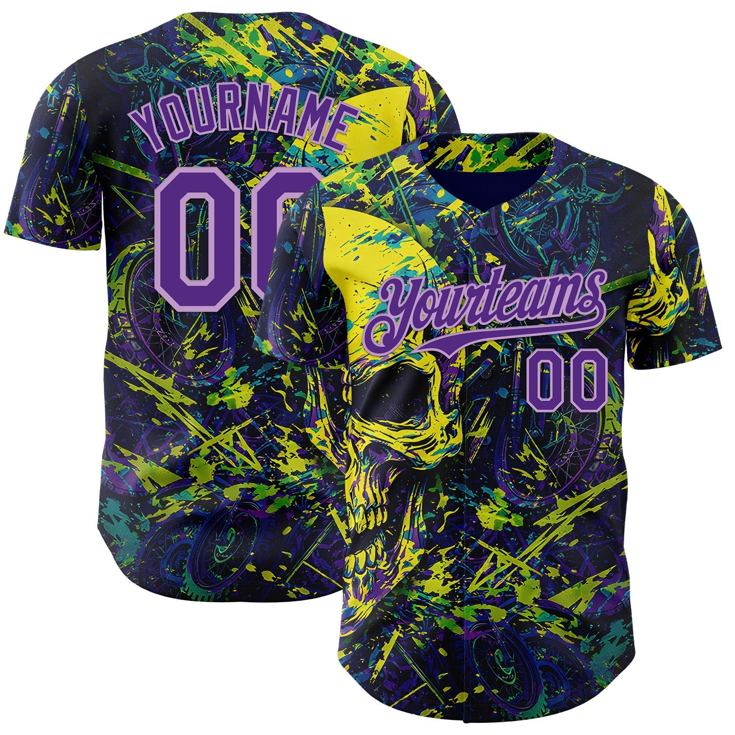 Custom Blue Purple Yellow-Light Purple 3D Pattern Design Motorcycle Motocross Skull Authentic Baseball Jersey - Main View