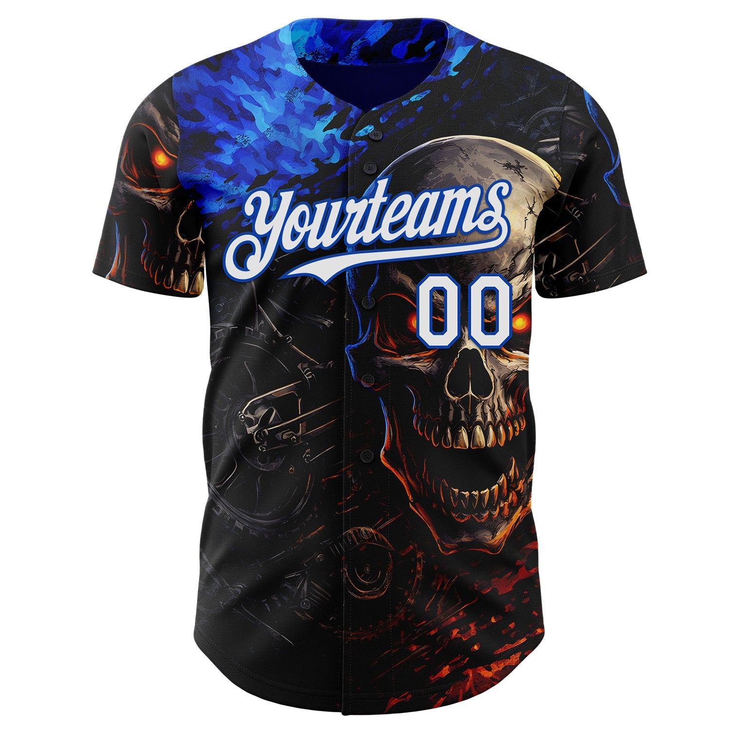 Custom Black White-Thunder Blue 3D Pattern Design Motorcycle Motocross Skull Authentic Baseball Jersey view 2