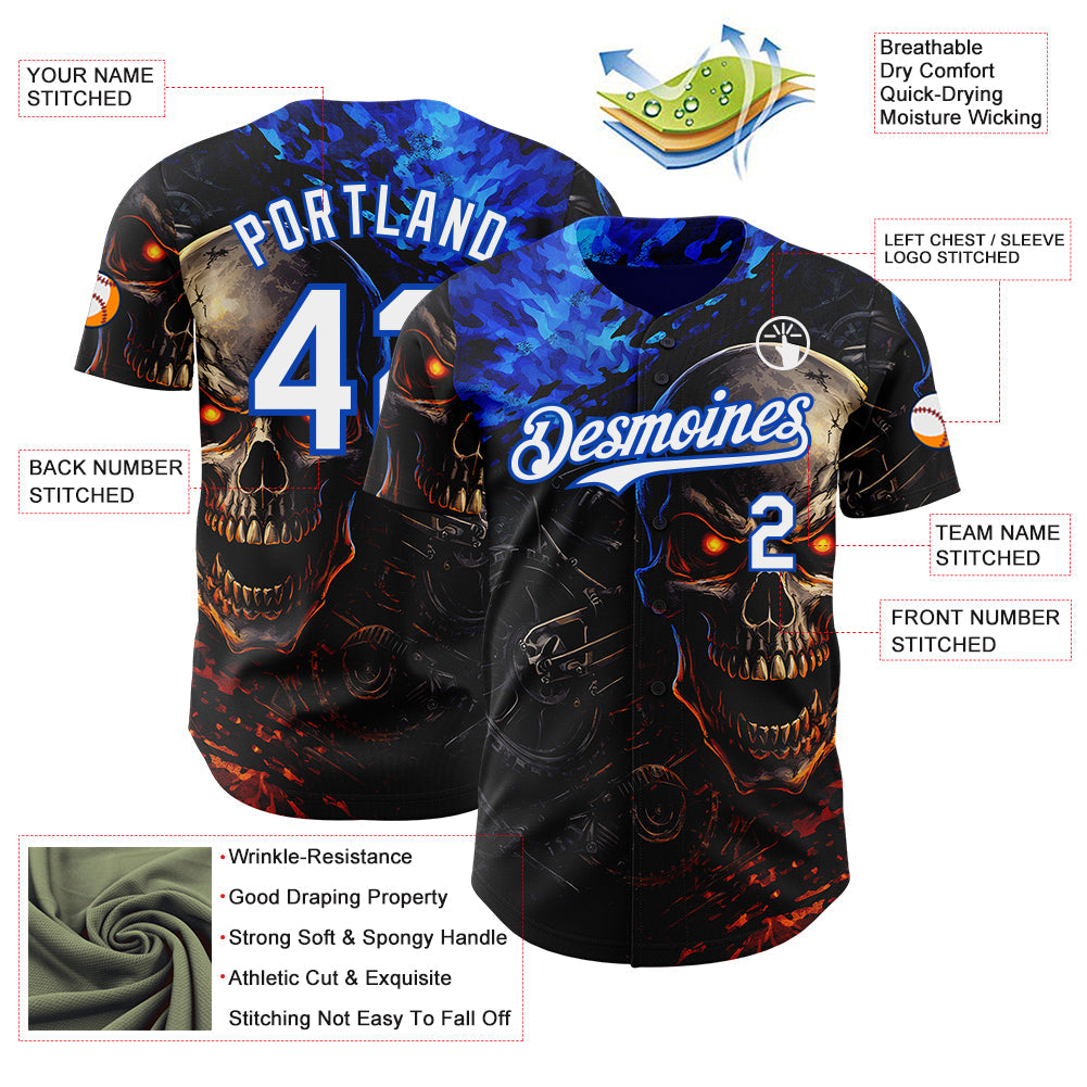Custom Black White-Thunder Blue 3D Pattern Design Motorcycle Motocross Skull Authentic Baseball Jersey view 3