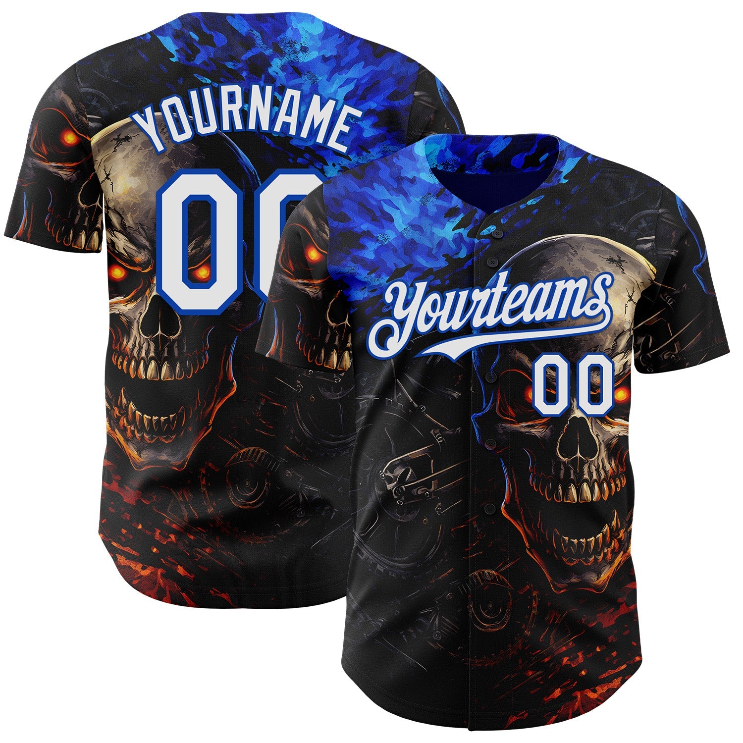 Custom Black White-Thunder Blue 3D Pattern Design Motorcycle Motocross Skull Authentic Baseball Jersey - Main View