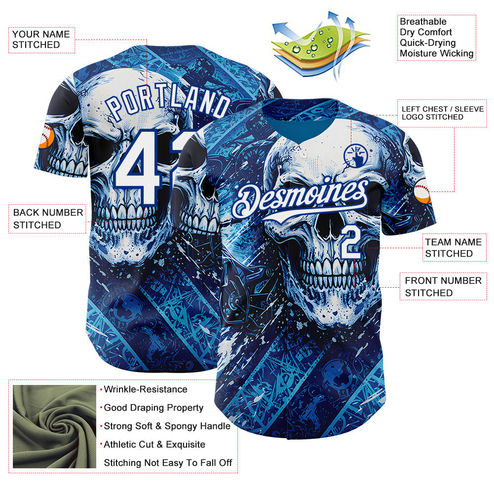 Custom Blue White-Royal 3D Pattern Design Motorcycle Motocross Skull Authentic Baseball Jersey view 3