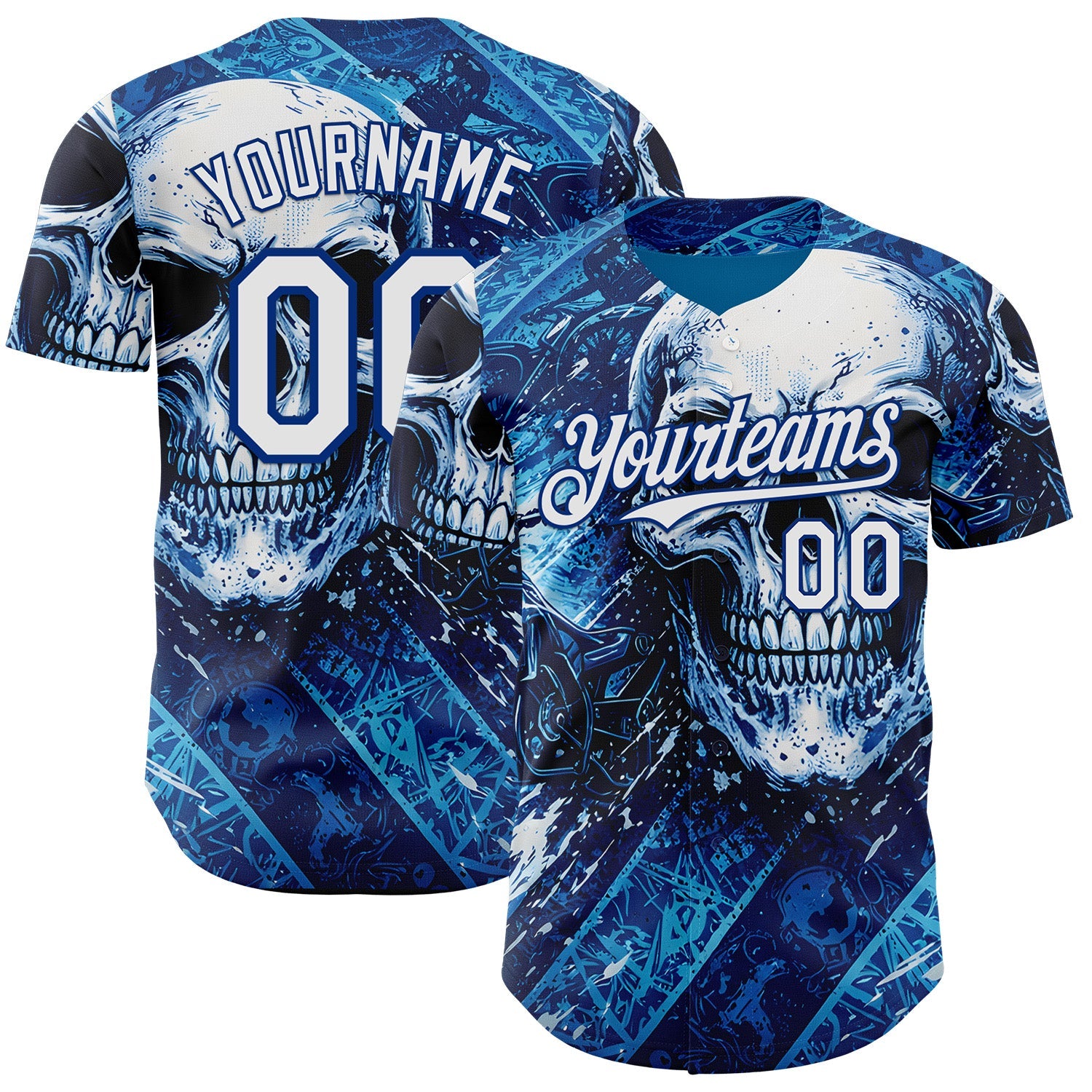 Custom Blue White-Royal 3D Pattern Design Motorcycle Motocross Skull Authentic Baseball Jersey - Main View