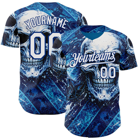 Custom Blue White-Royal 3D Pattern Design Motorcycle Motocross Skull Authentic Baseball Jersey - Main View
