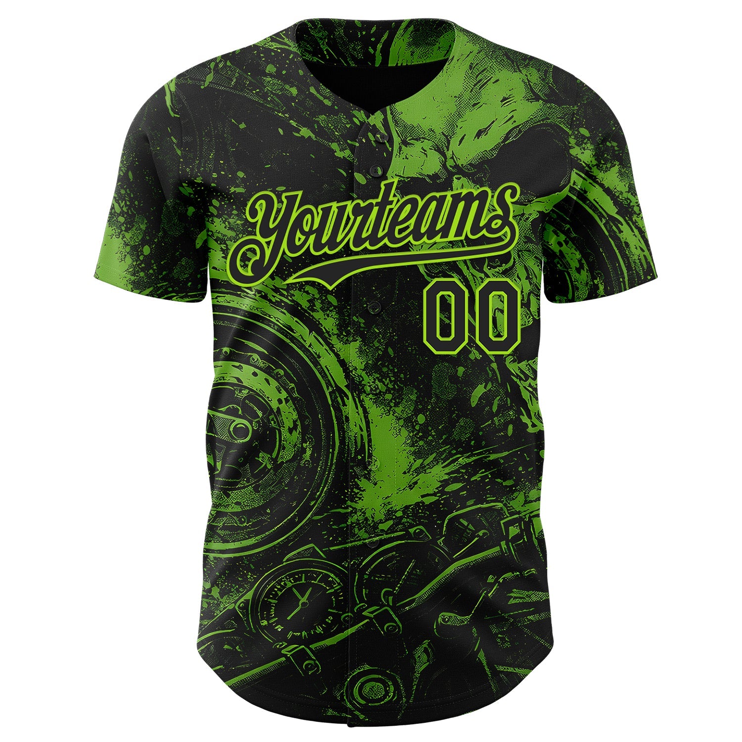 Custom Black-Neon Green 3D Pattern Design Motorcycle Motocross Skull Authentic Baseball Jersey view 2