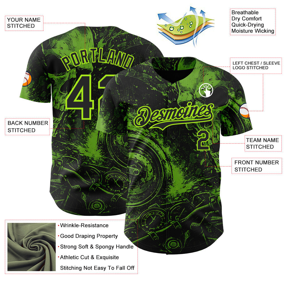 Custom Black-Neon Green 3D Pattern Design Motorcycle Motocross Skull Authentic Baseball Jersey view 3