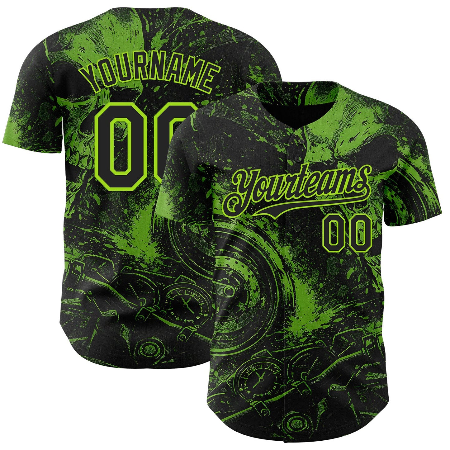 Custom Black-Neon Green 3D Pattern Design Motorcycle Motocross Skull Authentic Baseball Jersey - Main View