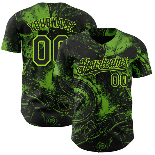 Custom Black-Neon Green 3D Pattern Design Motorcycle Motocross Skull Authentic Baseball Jersey - Main View