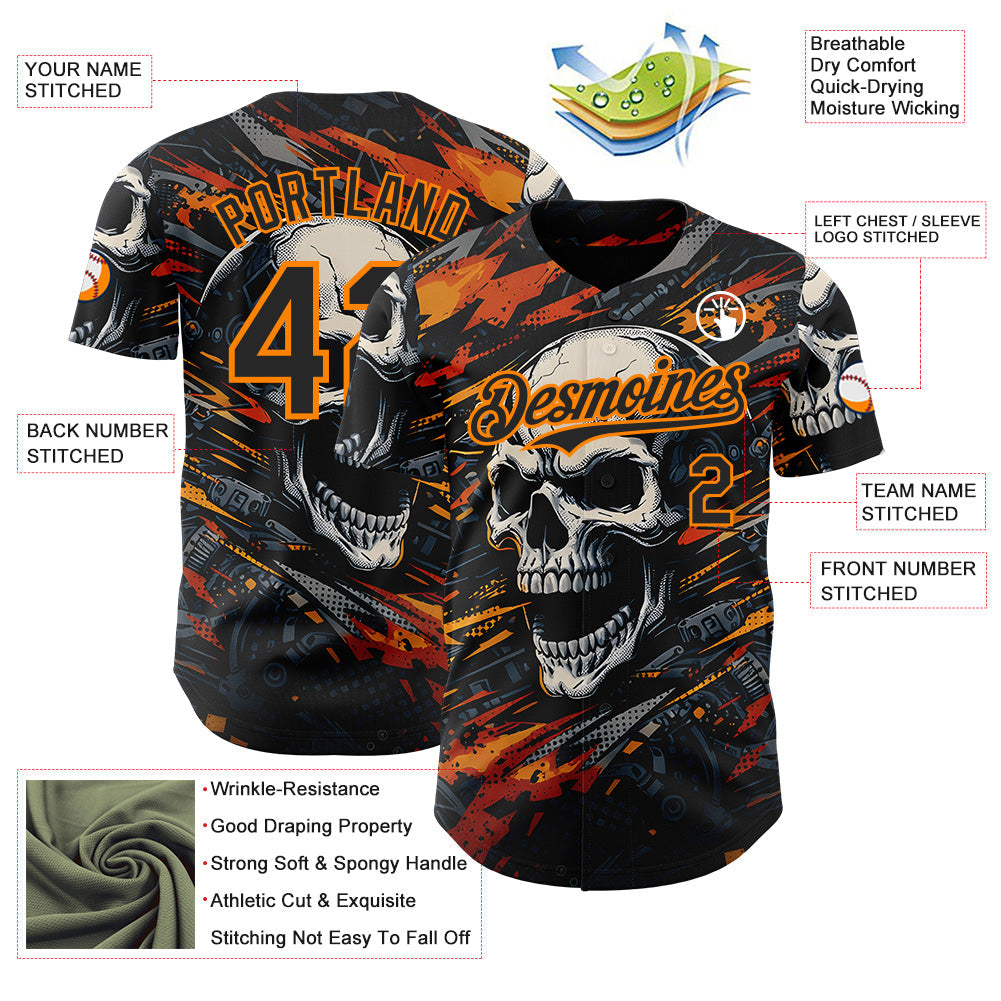 Custom Black-Bay Orange 3D Pattern Design Motorcycle Motocross Skull Authentic Baseball Jersey view 3