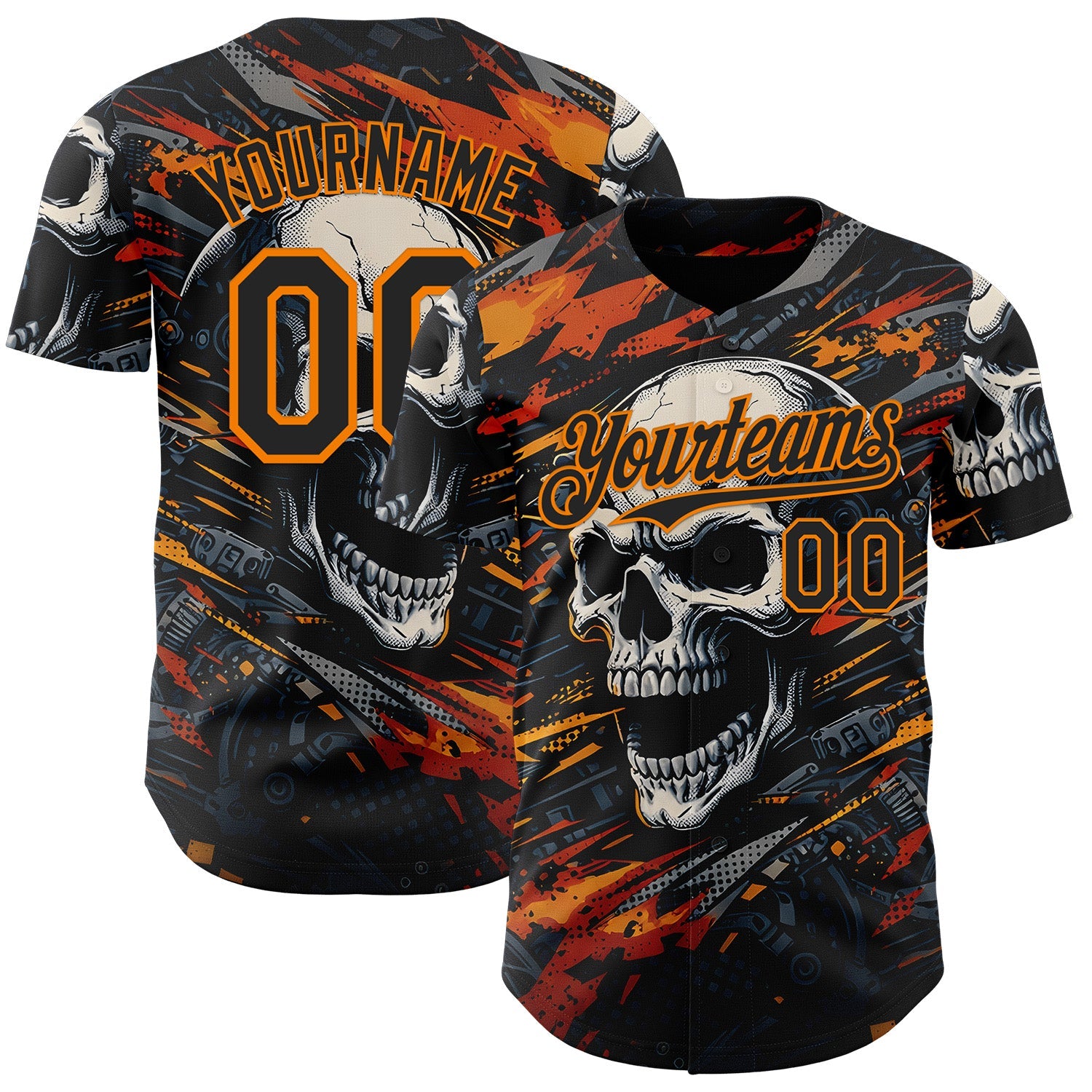 Custom Black-Bay Orange 3D Pattern Design Motorcycle Motocross Skull Authentic Baseball Jersey - Main View