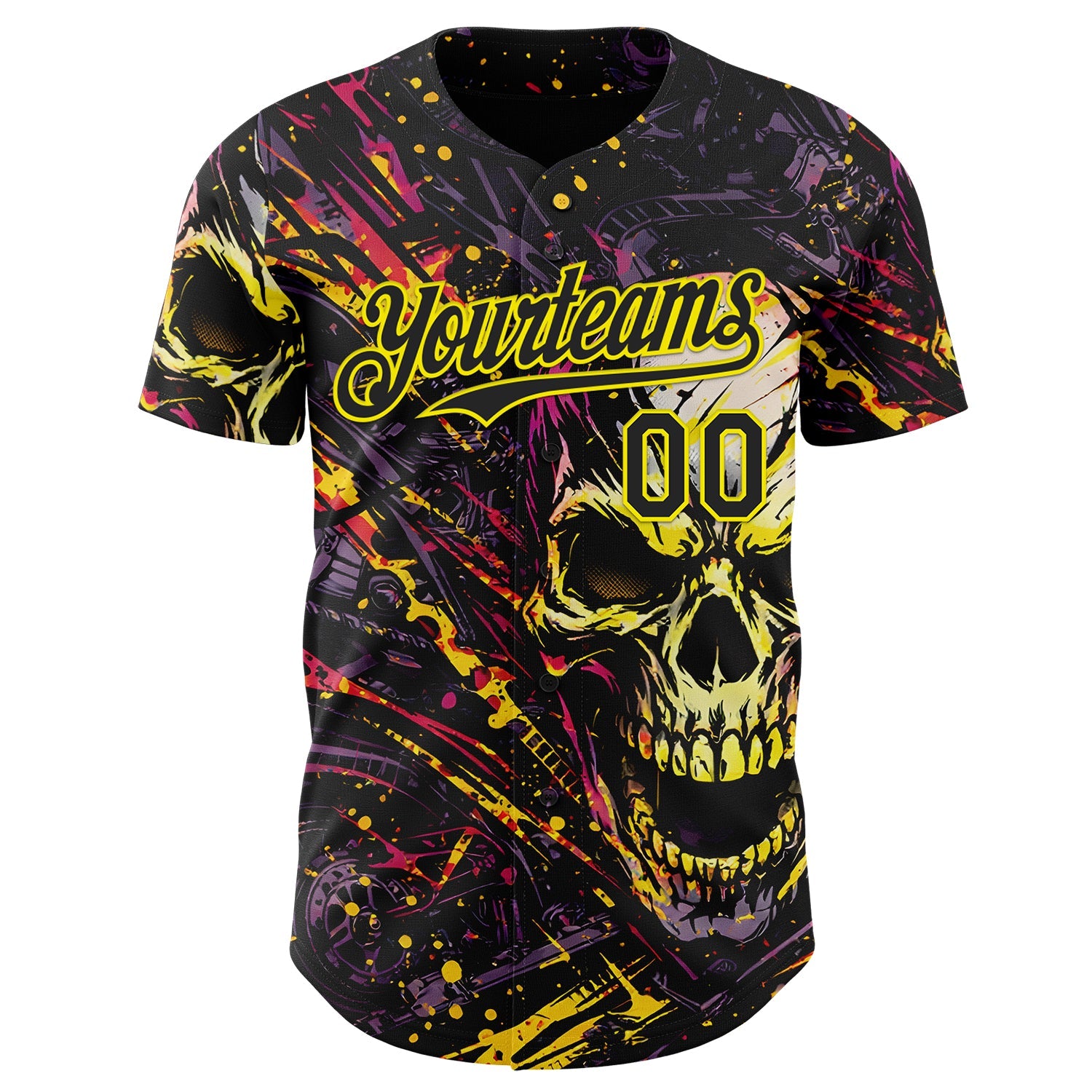 Custom Black-Light Yellow 3D Pattern Design Motorcycle Motocross Skull Authentic Baseball Jersey view 2
