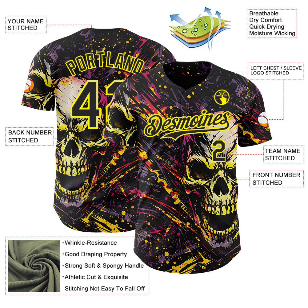 Custom Black-Light Yellow 3D Pattern Design Motorcycle Motocross Skull Authentic Baseball Jersey view 3