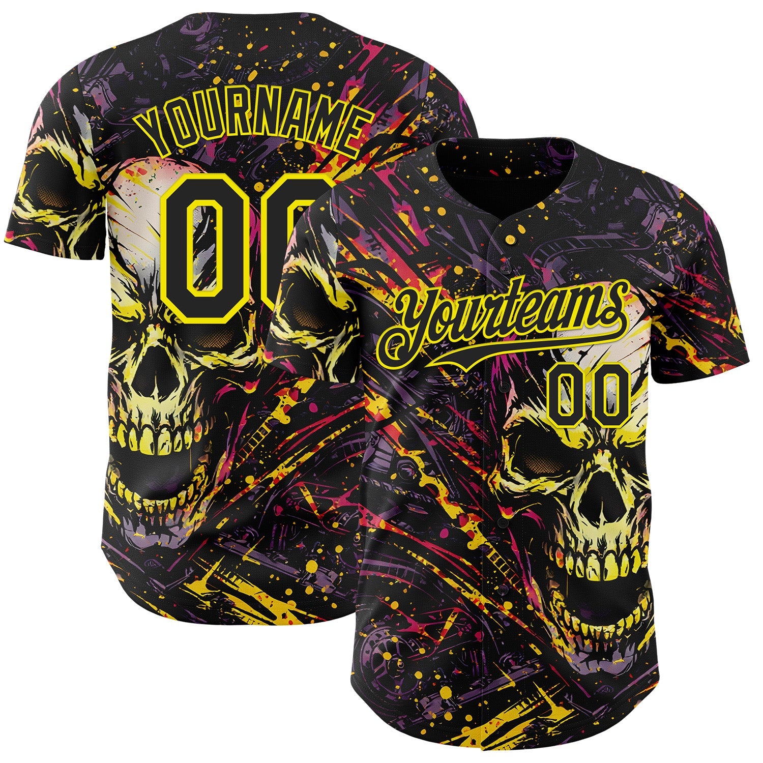 Custom Black-Light Yellow 3D Pattern Design Motorcycle Motocross Skull Authentic Baseball Jersey - Main View