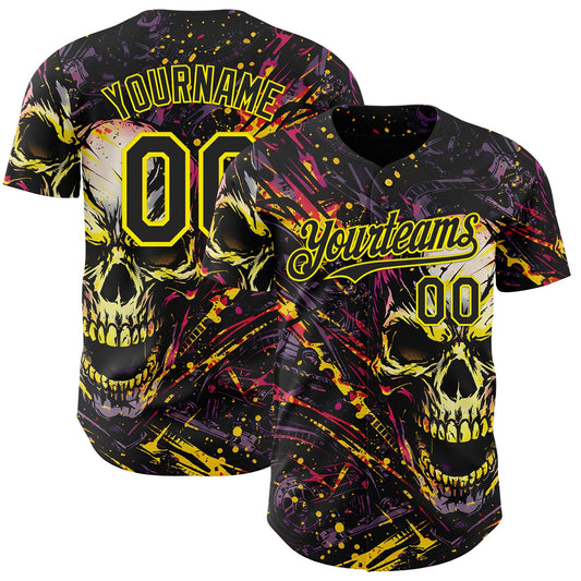 Custom Black-Light Yellow 3D Pattern Design Motorcycle Motocross Skull Authentic Baseball Jersey - Main View