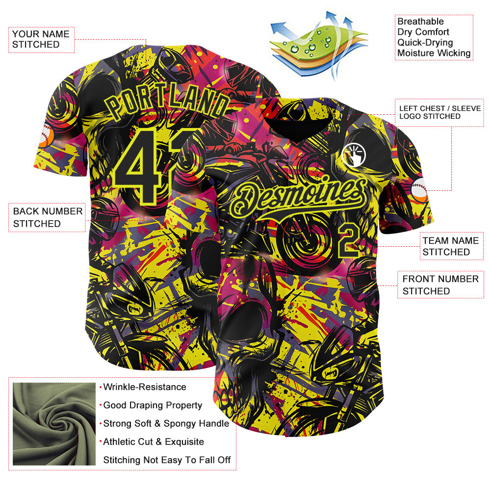 Custom Black Red-Neon Yellow 3D Pattern Design Motorcycle Motocross Authentic Baseball Jersey view 3