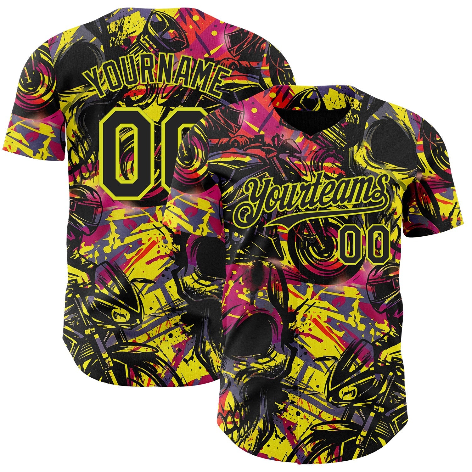 Custom Black Red-Neon Yellow 3D Pattern Design Motorcycle Motocross Authentic Baseball Jersey - Main View